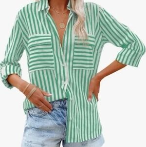 Women Striped Button Down Shirts green
